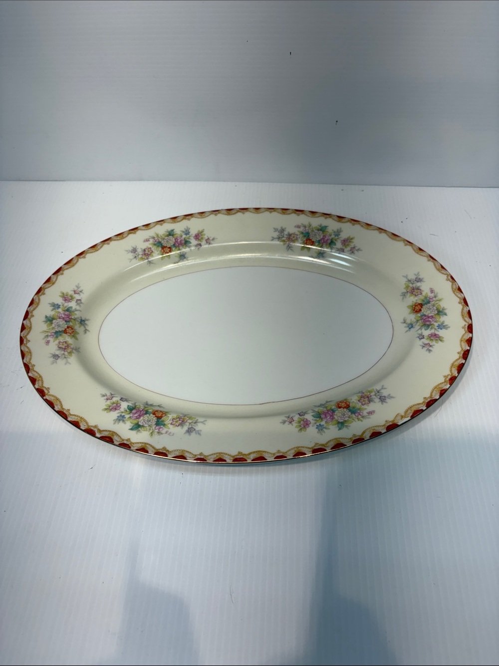 Floral Rim Oval Serving Platter - Cream with Multicolor Bouquet
